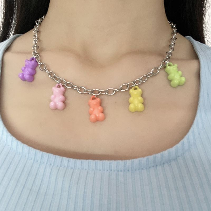 Pink Acrylic Transparent Cartoon Bear Neck Necklace