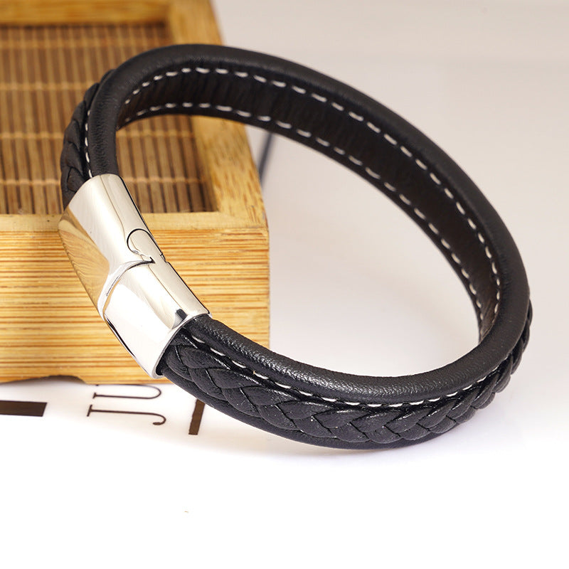Men's Steel Stainless Magnetic Snap Genuine Leather Rope Bracelets