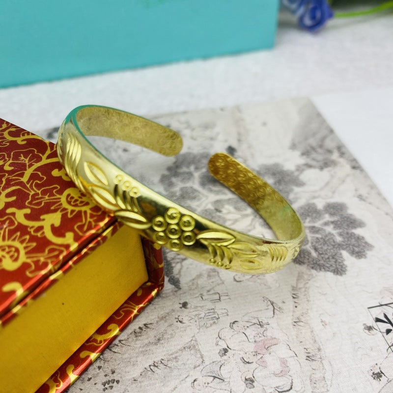 Women's Glossy Brass Open-ended Plum Blossom Dragon Phoenix Fu Bracelets