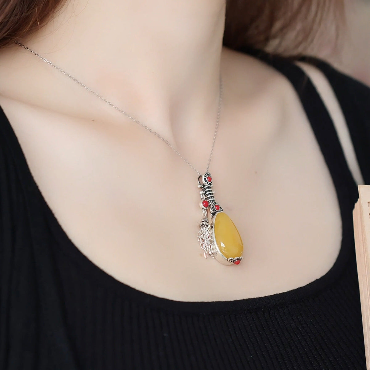 Women's Lucky Tassel Pipa Water Drop Vintage Distressed Pendant