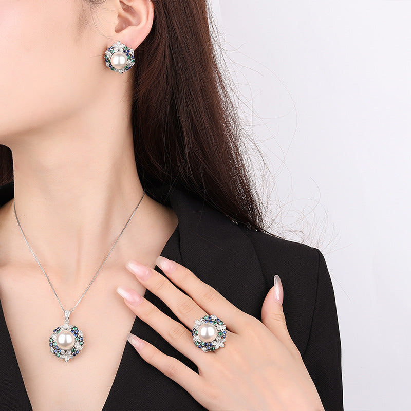 Emerald Sunflower Pearl Inlaid Advanced Shell Jewelry Set
