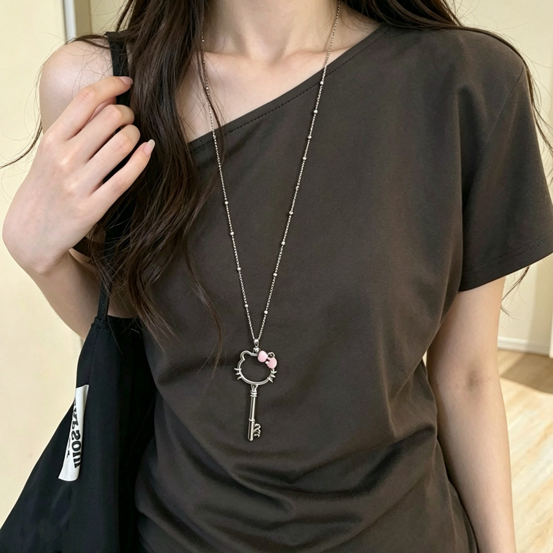 Cat Key Titanium Steel Long Female Sweet Design Stainless Sweater Necklace