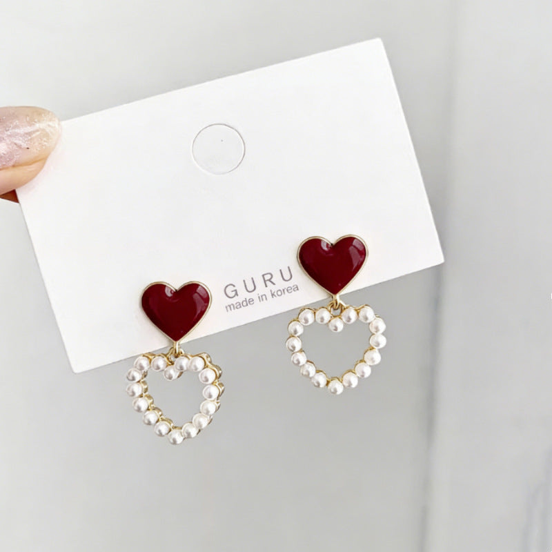 Special Offer Hollow Out Heart Pearl Sweet Temperament Oil Drop Earrings
