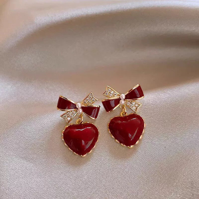 Bow Love Heart Special Interest Light Luxury Temperament Peach Stud Earrings