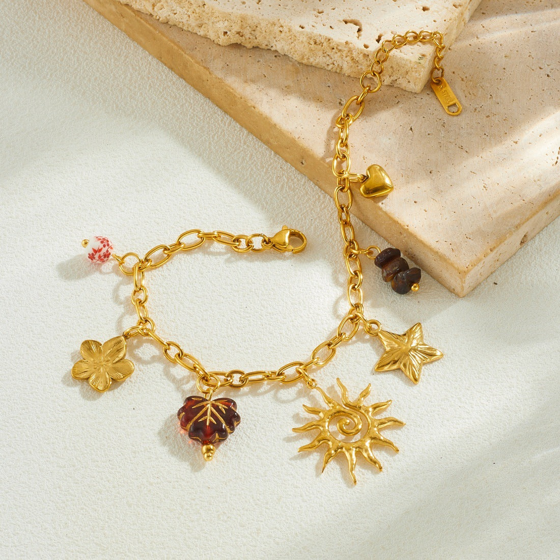 Fashion Gold-plated Star Sunflower Gravel Beaded Leaf Stainless Jewelry Set