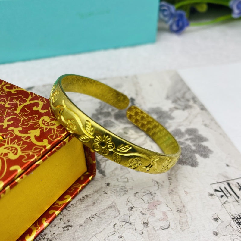 Women's Glossy Brass Open-ended Plum Blossom Dragon Phoenix Fu Bracelets