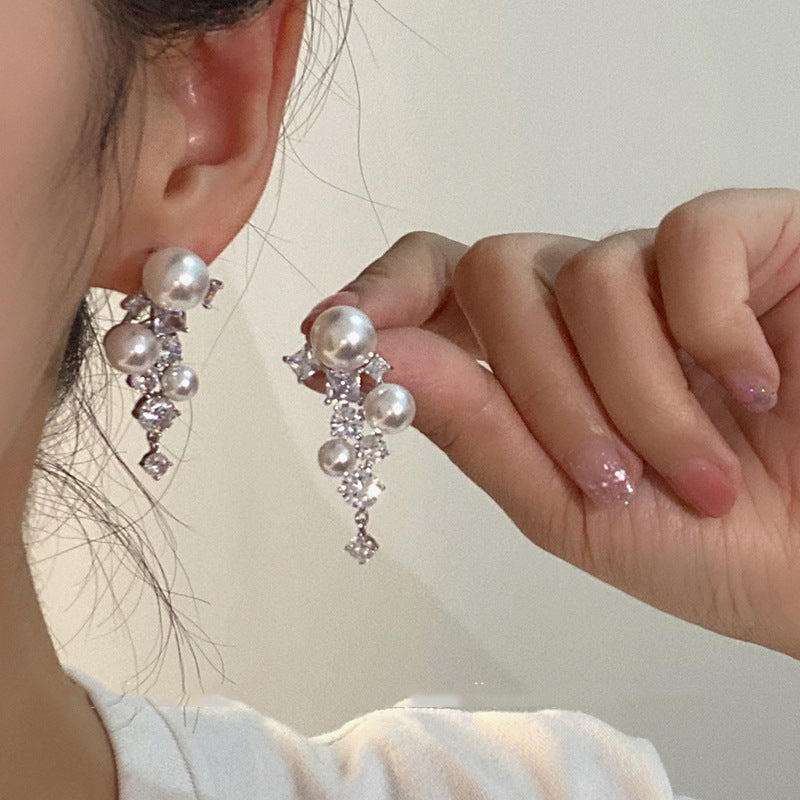 Women's Sier Needle Long Fringed Zircon For Trendy Light Earrings
