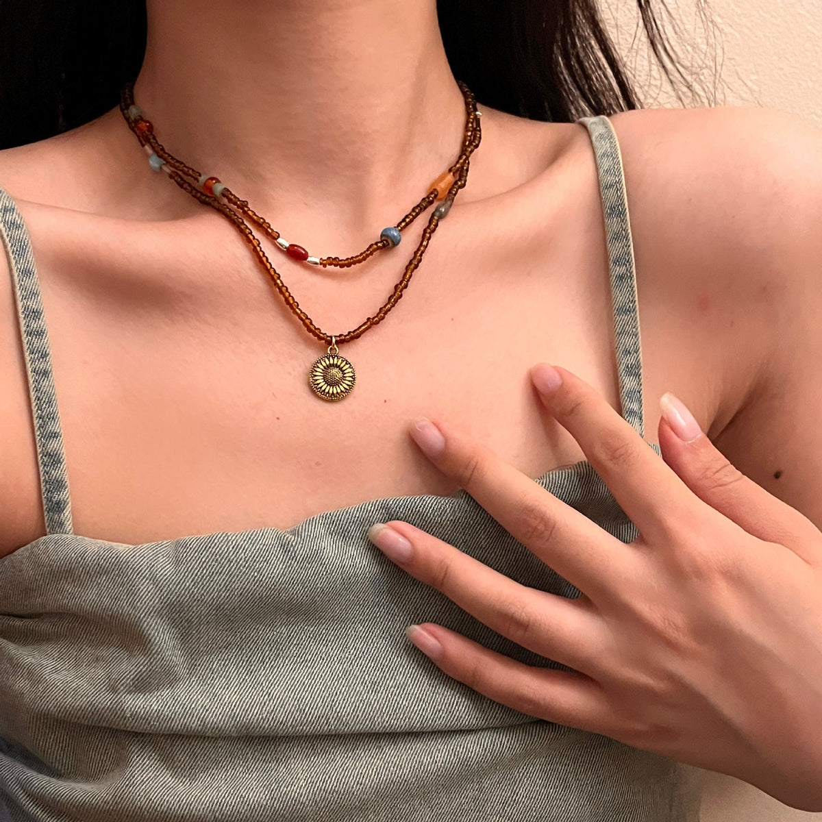 Chain Vintage Metal Sunflower Tag Natural Stone Brown Necklace