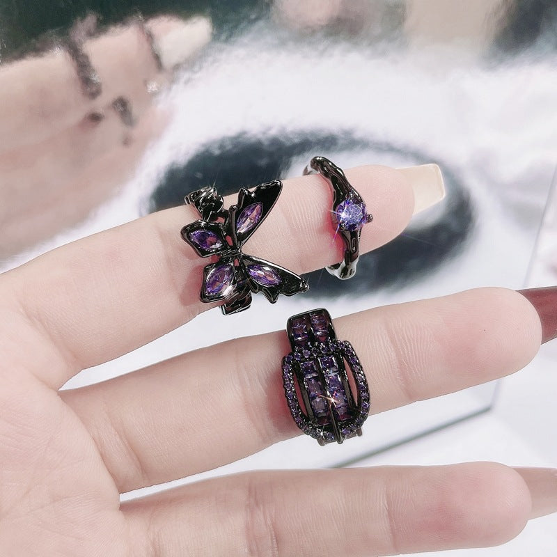 Buckle Purple Diamond Butterfly Opening Female Rings