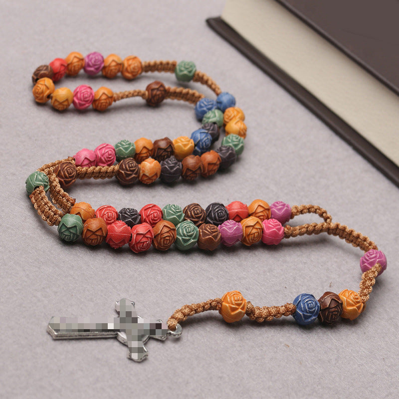 Rose Color Cross Rosary Teach Beading Necklaces