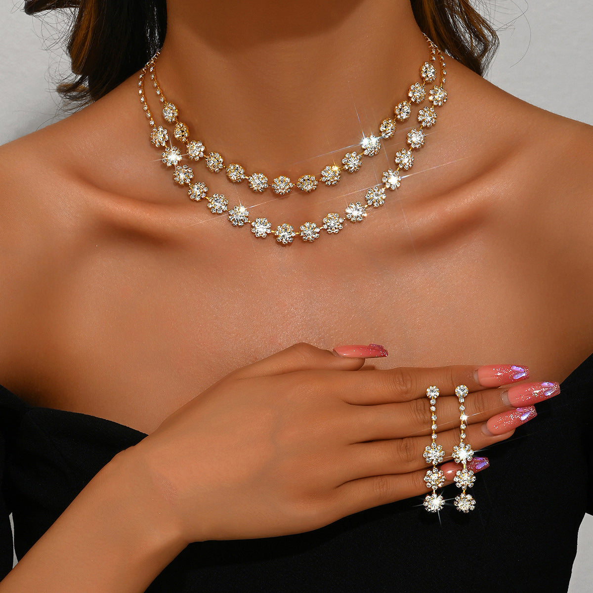 Wedding Double Layer Sunflower Diamond Suite Jewelry Set