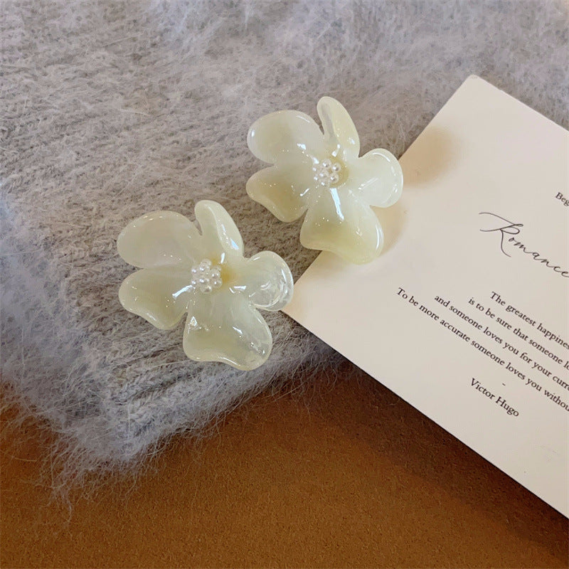Style Fairy Rhinestone Pearl Resin Flower High-grade Fashionable Earrings