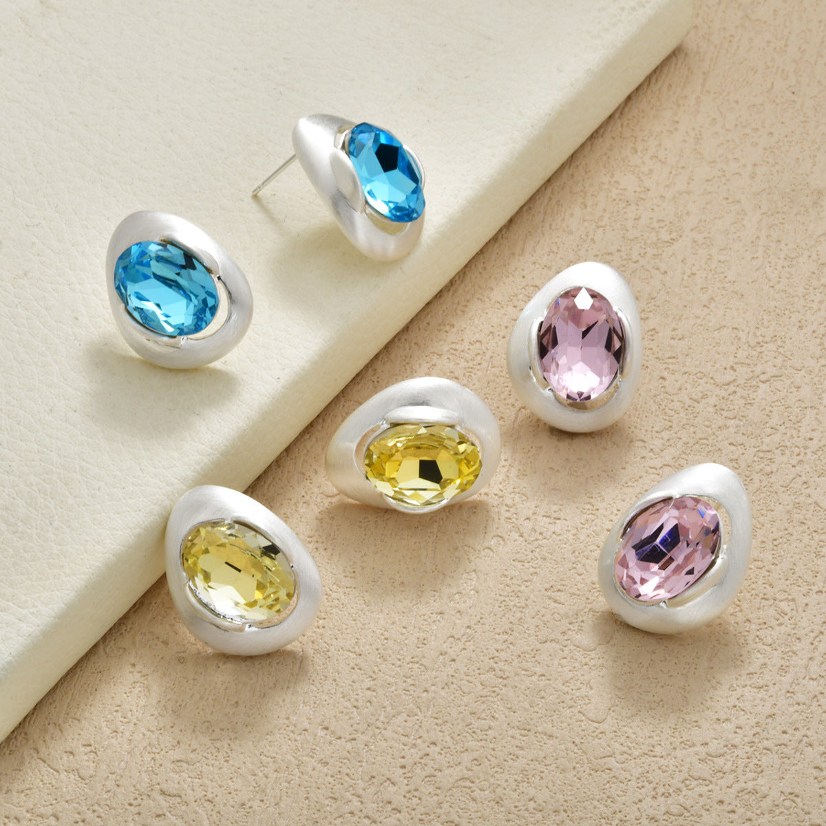 Women's Irregular Sier Brushed Color Super Flash Glass Temperament Stud Earrings