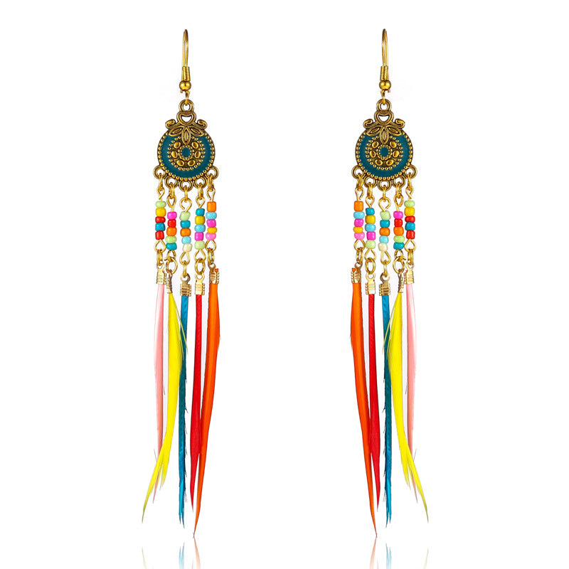 Women's Oil Dripping Round Small Colorful Feather Slimming Long Tassel Yunnan Stud Earrings