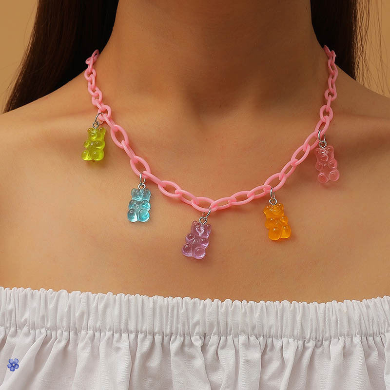 Pink Acrylic Transparent Cartoon Bear Neck Necklace