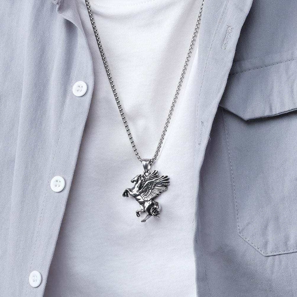 Women's & Men's Retro Style Greek Mythology Titanium Steel Pegasus Unicorn Double Wings Necklace