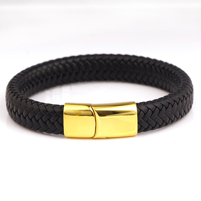 Men's Steel Stainless Magnetic Snap Genuine Leather Rope Bracelets