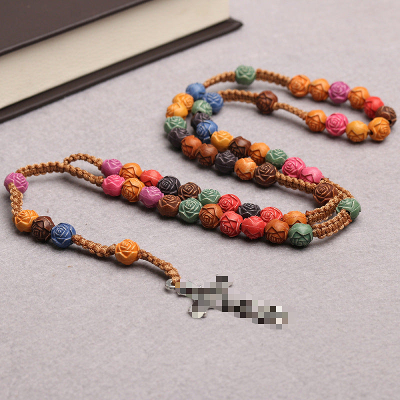 Rose Color Cross Rosary Teach Beading Necklaces