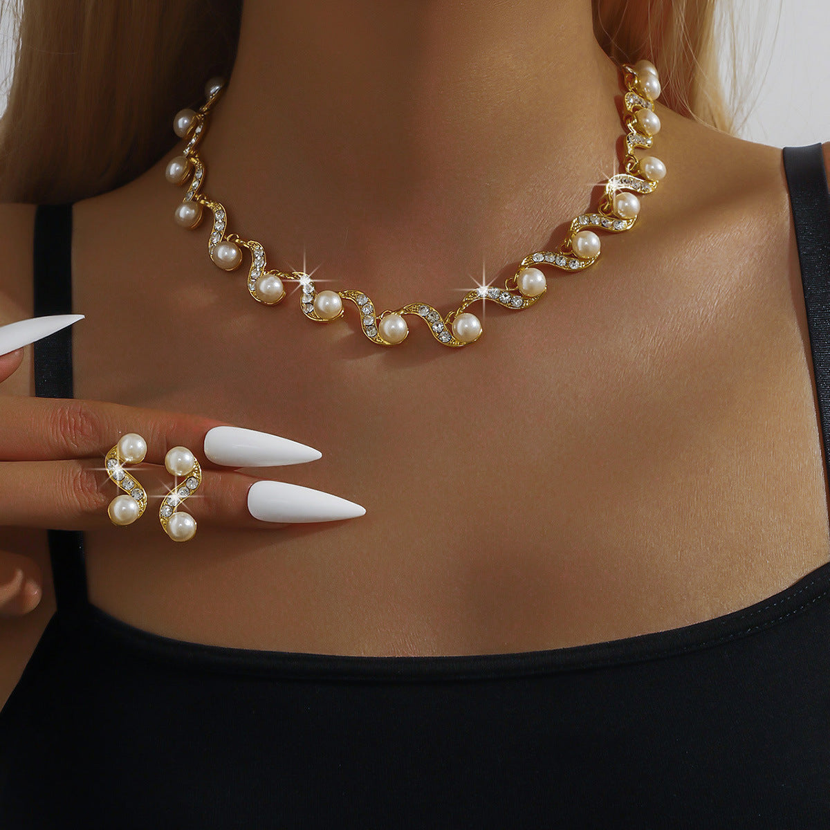 Delicate Pearl Rhinestone Suite Simple Clavicle Chain Neck Formal Jewelry Set