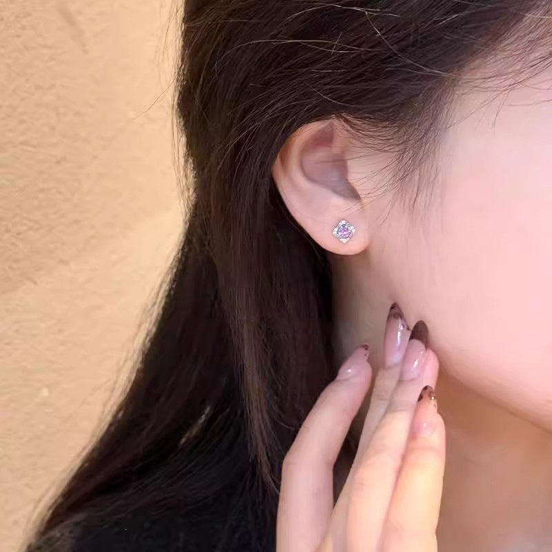 Fresh Nine Purple Ear Style Four Leaves Clover Eardrops Live Stud Earrings