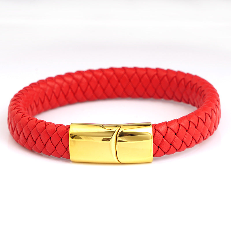 Men's Steel Stainless Magnetic Snap Genuine Leather Rope Bracelets