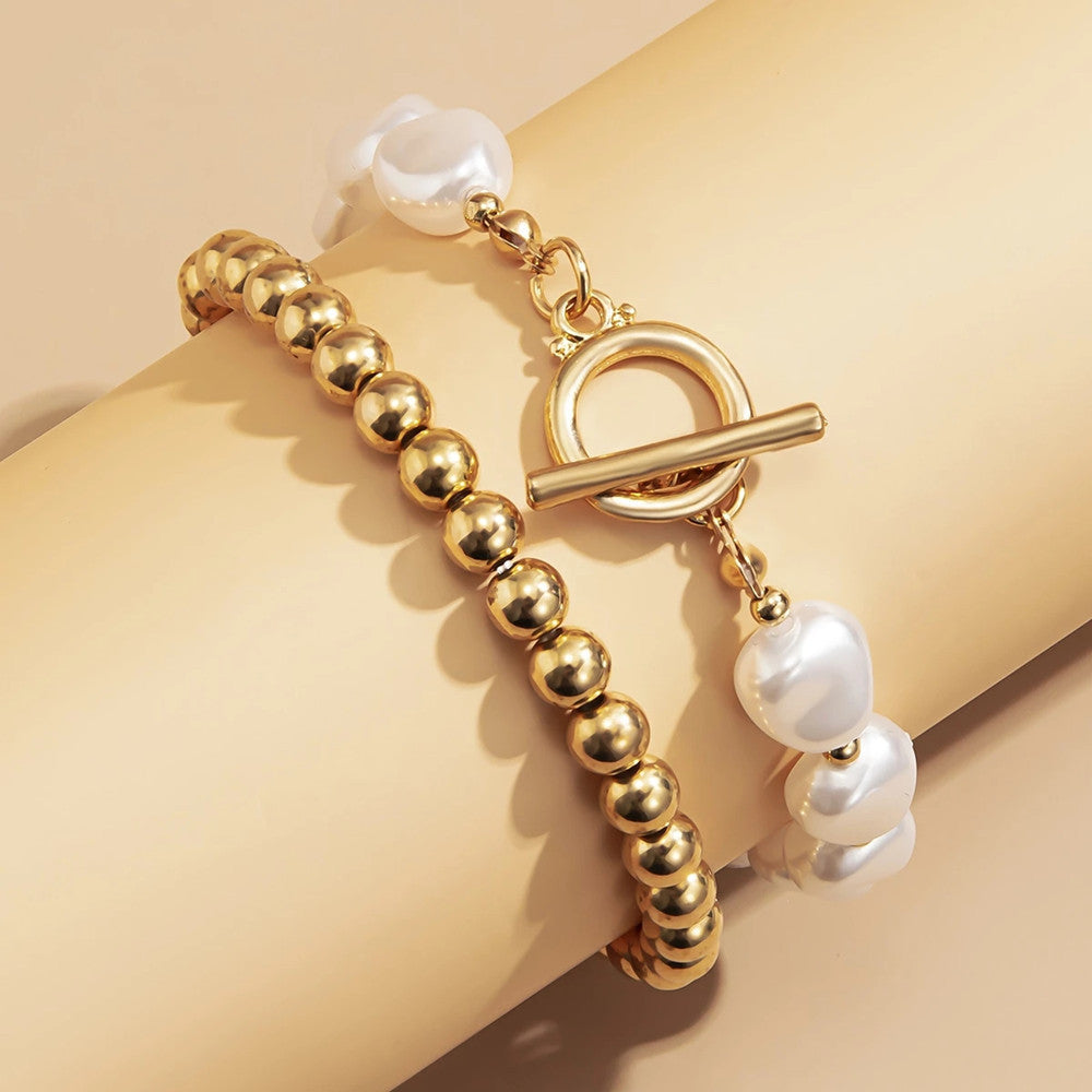Punk Metal Pearl Double Layer Stack Bracelets