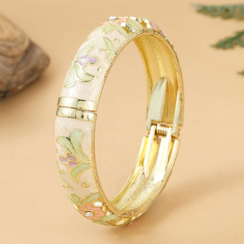 Tourist Souvenir Retro Style Flower Green Leaf Diamond Cloisonne Widened Bracelet