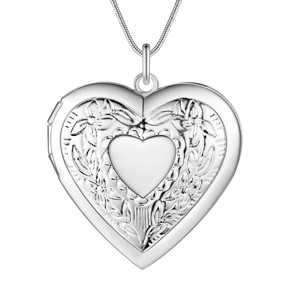 Sier Plated Heart Frame Snake Chain Necklace