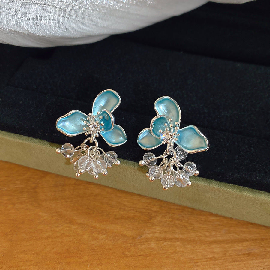 Jardin Monet Blue Glaze Flowers Pipa Pearl Chinese Retro Light Stud Earrings