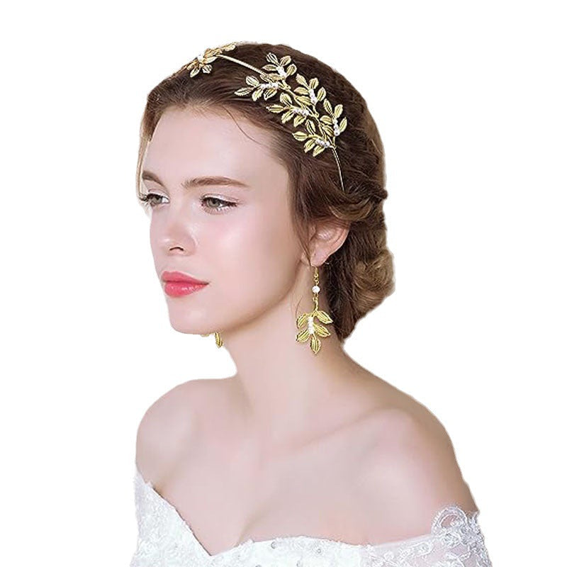 Fashion Leaves Headband Pearl Suite Wire Jewelry Set