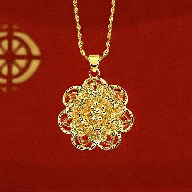 Vietnam Alluvial Gold Filigree Hollow Brass Plated Vintage Purse Burst Necklace