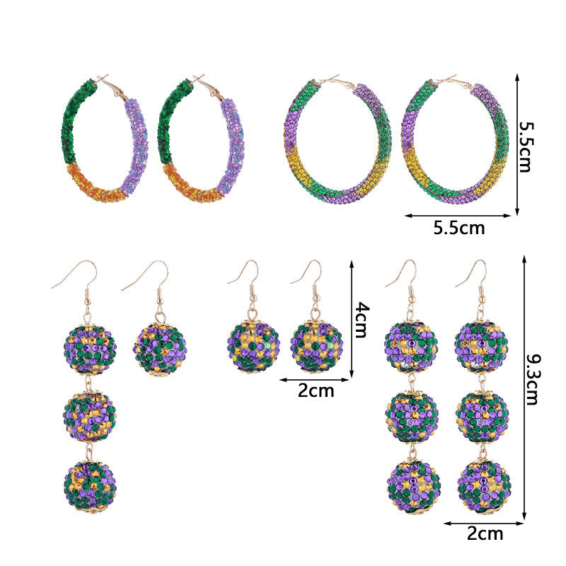 Purple Yellow Green Various Materials Ear Tassel Sequins Rhinestone Ball Earrings