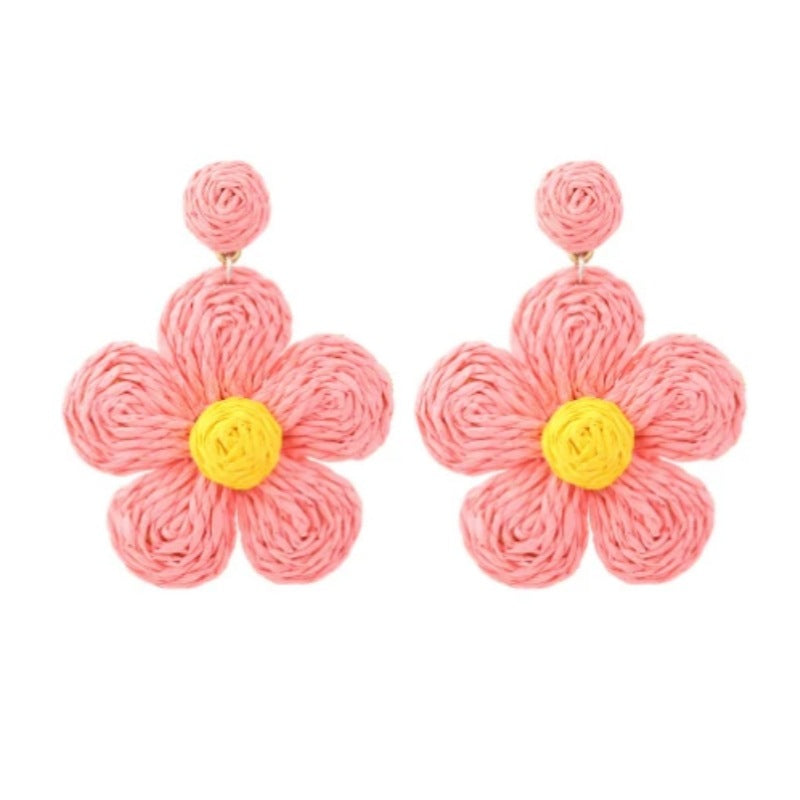 Women's High-grade Sweet Flowers Raffia Fashion Hand-knitted Earrings