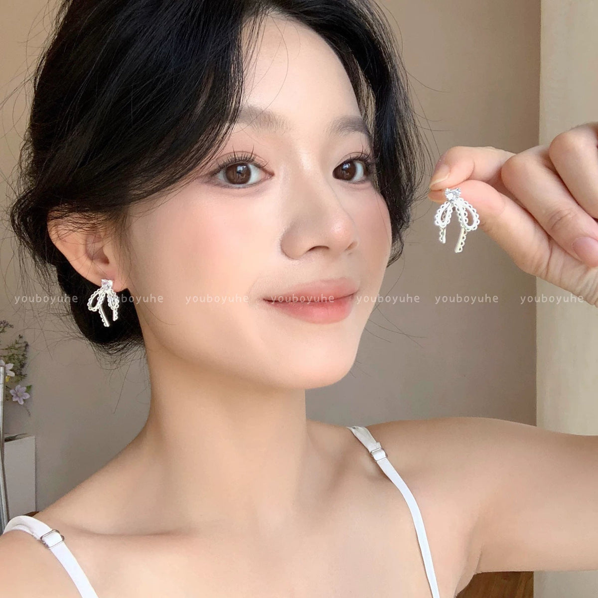 Sier Needle Niche Delicate Pearl Graceful Bow Light Luxury Elegant Earrings