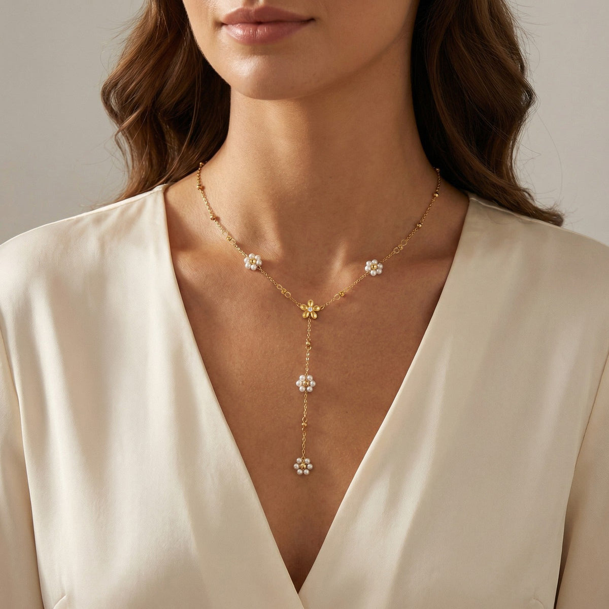 Women's Stainless Steel Flower Pearl Y-shaped Gold Clavicle Chain Necklace