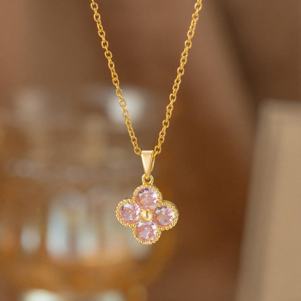 Steel Female Micro Inlaid Pink Diamond Necklace