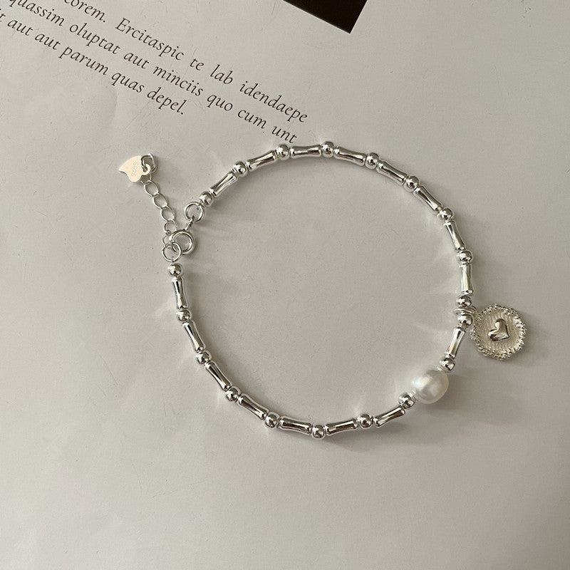 Women's Sterling Sier Handmade Bamboo Heart-shaped Pearl Necklace