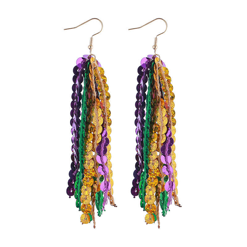 Purple Yellow Green Various Materials Ear Tassel Sequins Rhinestone Ball Earrings