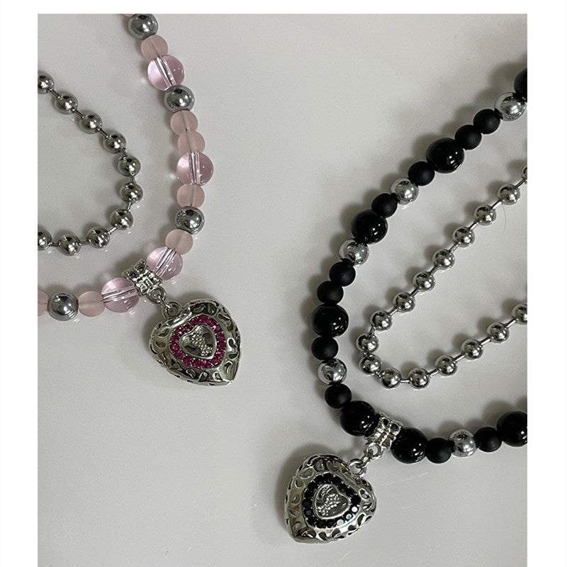 Pink Black Layered Steel Ball Diamond Love Clavicle Chain Double Necklace