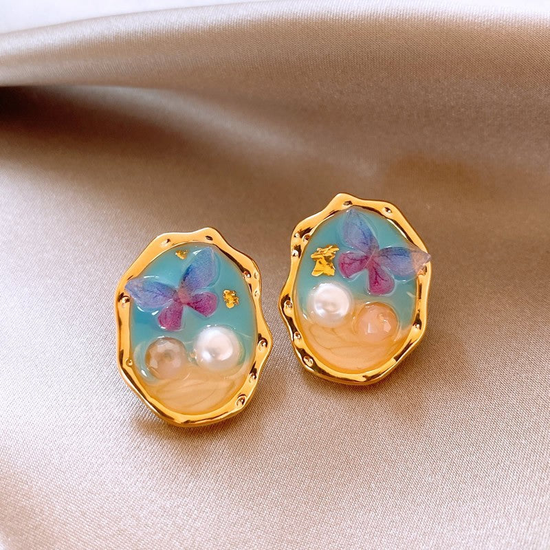 Jardin Monet Blue Glaze Flowers Pipa Pearl Chinese Retro Light Stud Earrings
