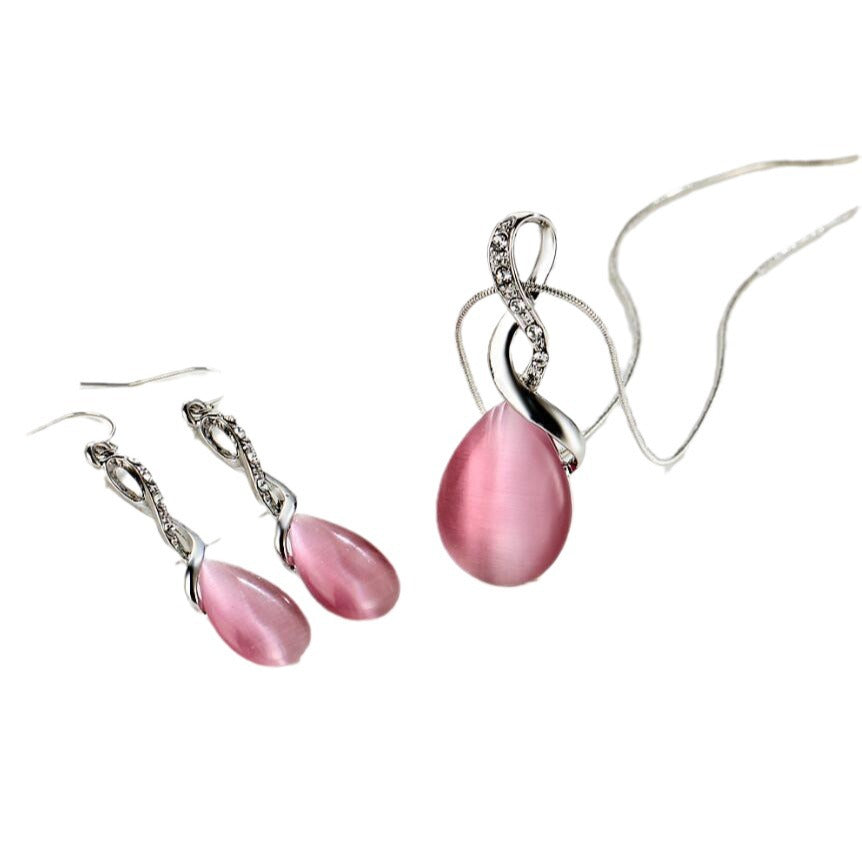 Simple Pink Water Drop Cat's Eye Rhinestone Jewelry Set