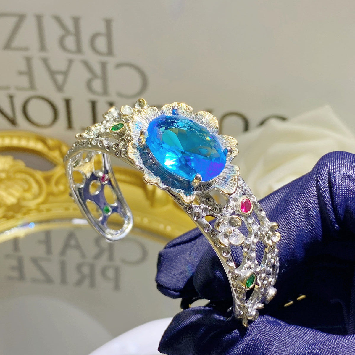 Women's Italian Craft Vintage Lace Blue Diamond Simulation Aquamarine Rings