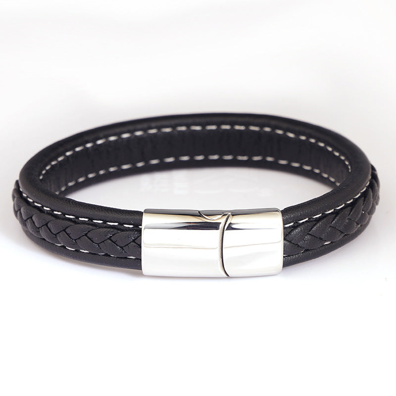 Men's Steel Stainless Magnetic Snap Genuine Leather Rope Bracelets