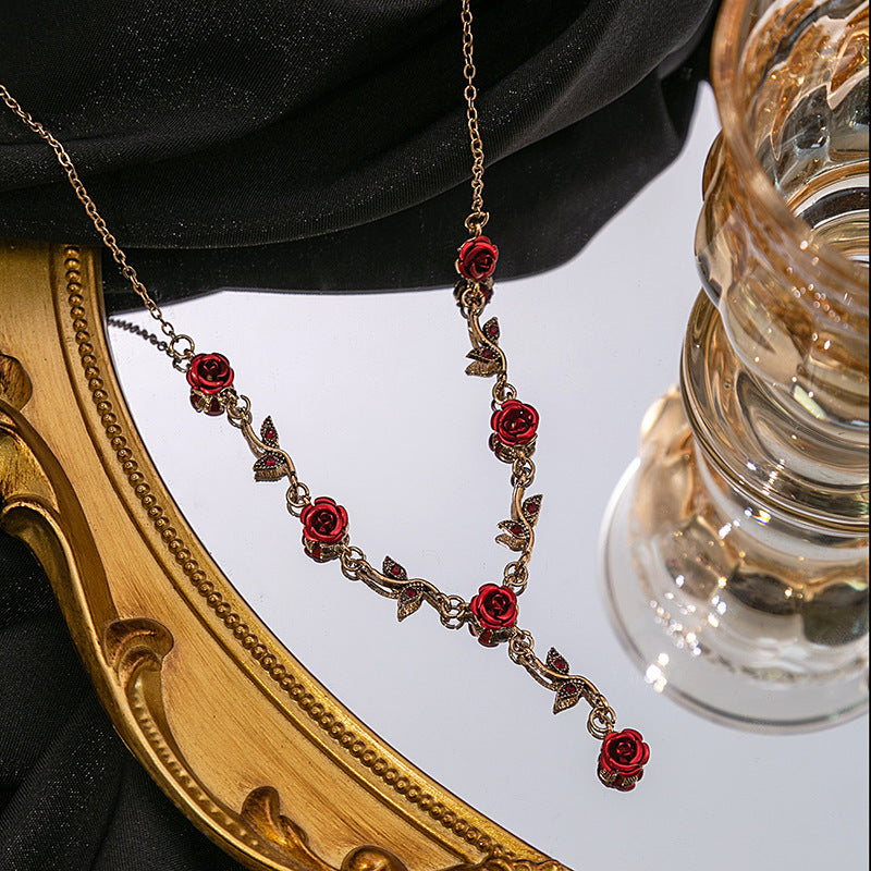 French Style Mori Rose Vintage Romantic Red Flower Niche Rings