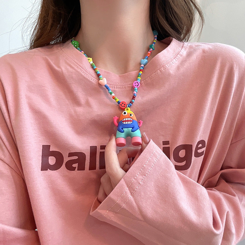 Rainbow Cartoon Polymer Clay Monster Niche Hip Necklace