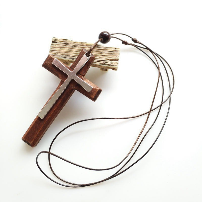 Retro Handmade Double Alloy Wood Cross Boys Long Sweater Chain Pendants