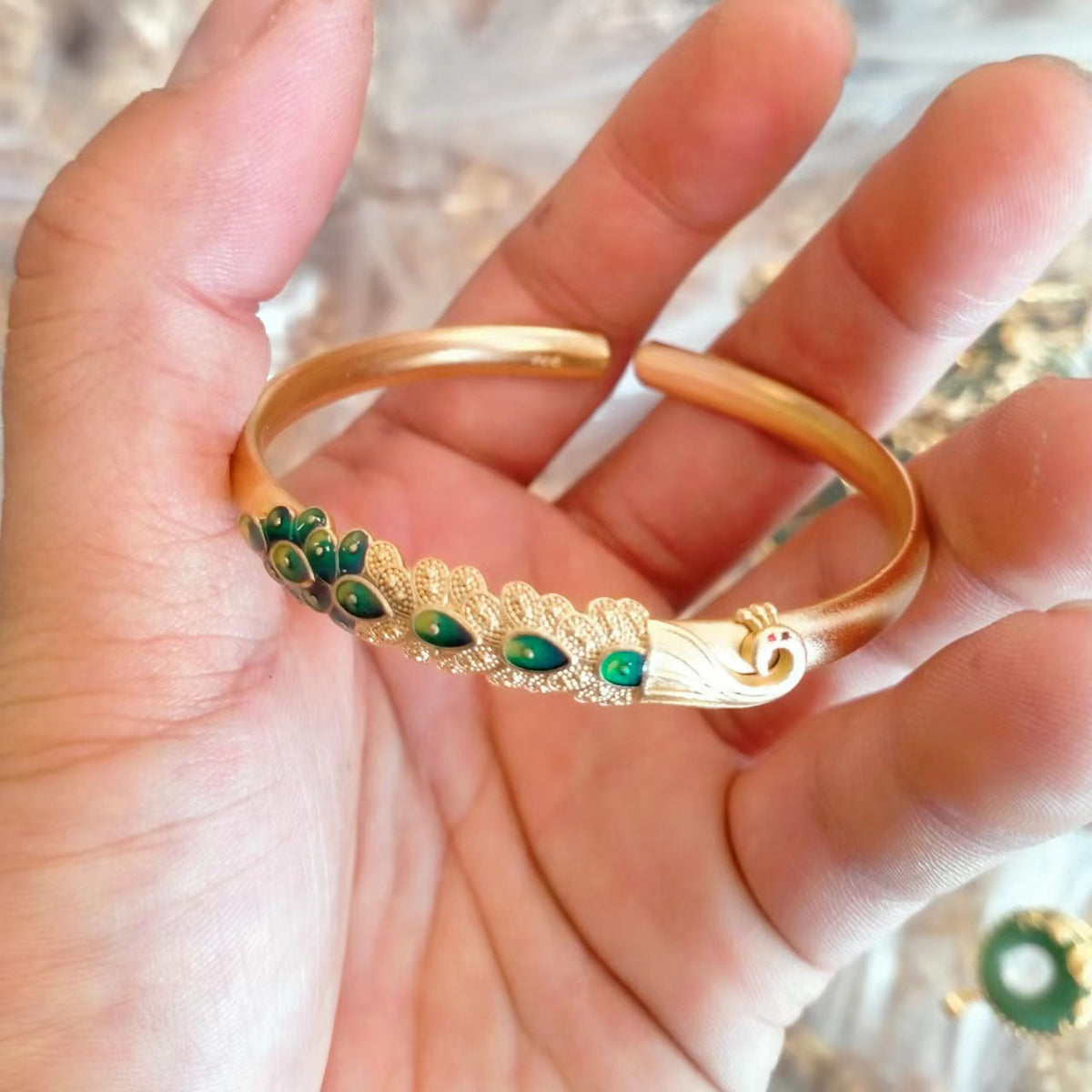 Women's Peacock Chinese Brass Gold Plated Solid Opening Bracelet