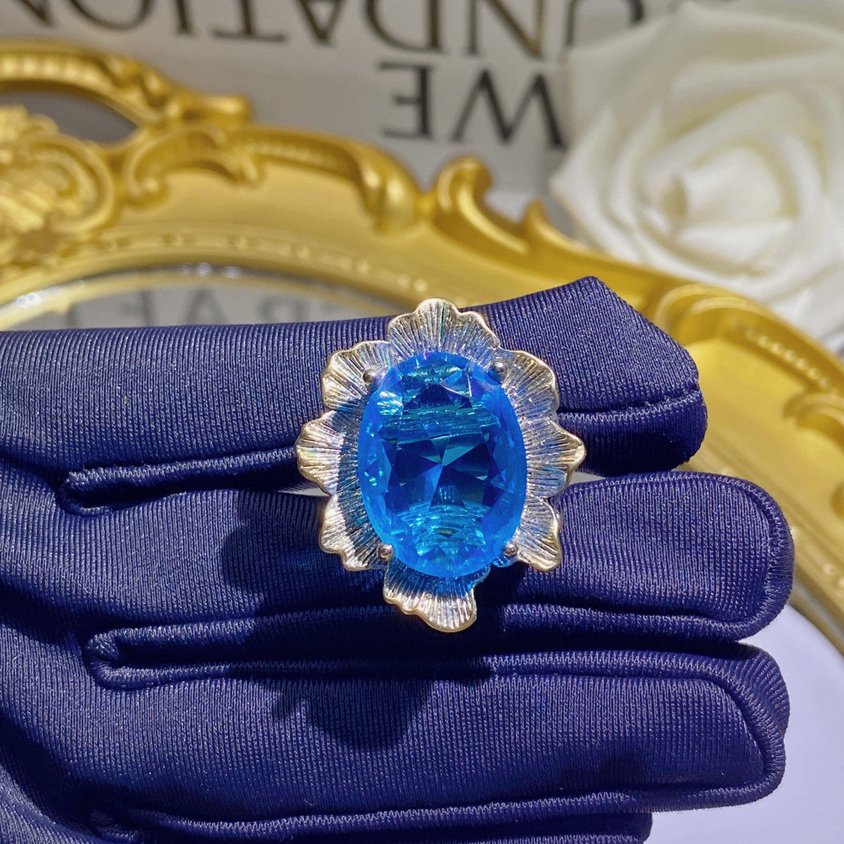 Women's Italian Craft Vintage Lace Blue Diamond Simulation Aquamarine Rings