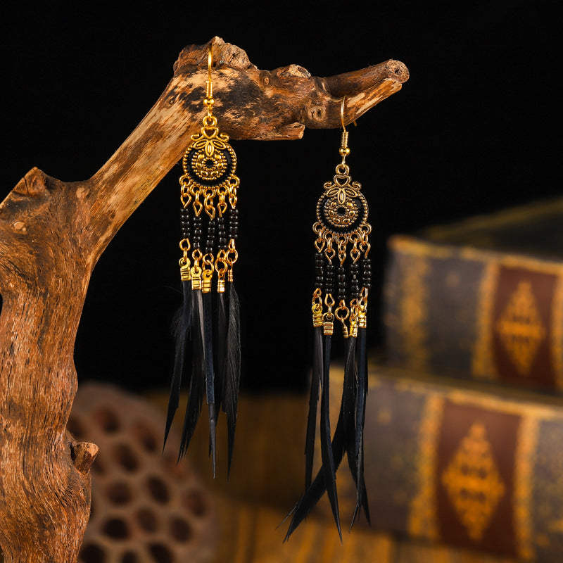 Women's Oil Dripping Round Small Colorful Feather Slimming Long Tassel Yunnan Stud Earrings