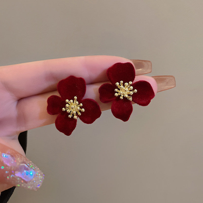 Brown Flocking Bow Bead Retro Red Earrings